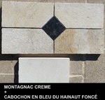 Dallage pierre de Montagnac Crème avec cabochon noir (Bleu du Hainaut adouci fin)
