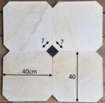 Montagnac Crème en dallage cabochon 7x7cm Bleu du Hainaut et dalles claires 40x40cm 